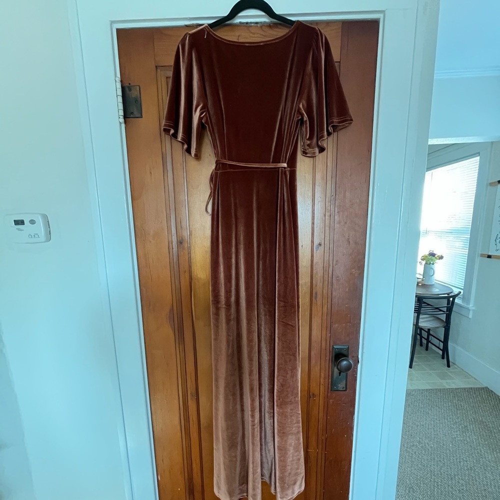 BURNT ORANGE VELVET WRAP DRESS